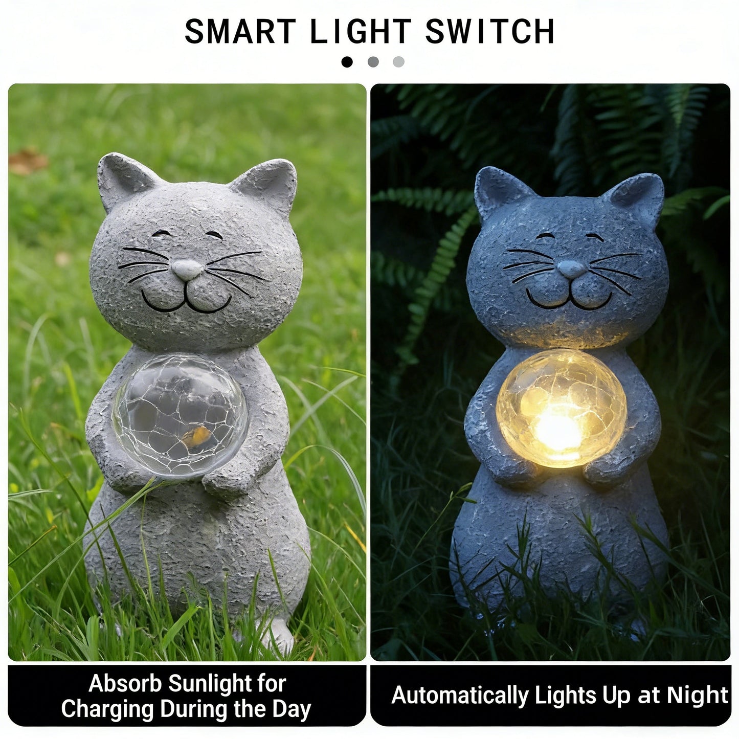 Solar-Powered Outdoor for Cat Statue with Auto-On LED Light