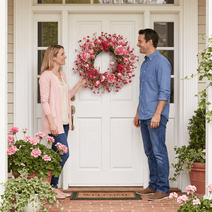 Valentine's Day Flower Wreath with Tulips & Berry for Window Porch Indoors Outside
