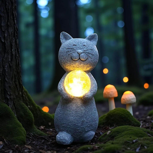 Solar-Powered Outdoor for Cat Statue with Auto-On LED Light